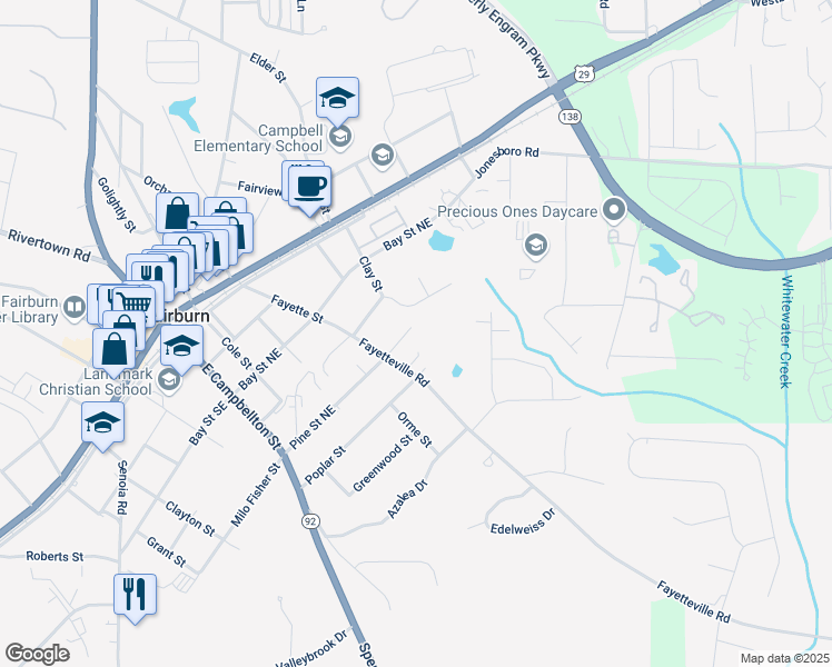 map of restaurants, bars, coffee shops, grocery stores, and more near 191 Pine Street Northeast in Fairburn