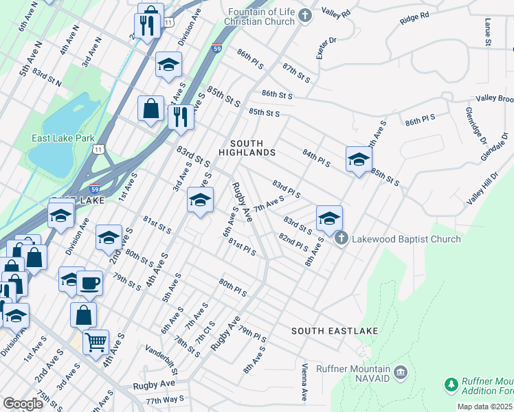 map of restaurants, bars, coffee shops, grocery stores, and more near 8309 Vassar Avenue in Birmingham