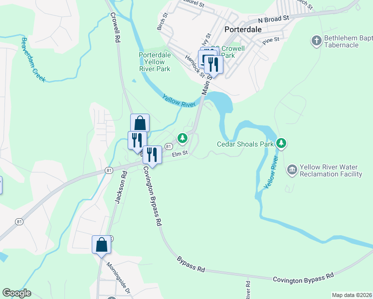 map of restaurants, bars, coffee shops, grocery stores, and more near 7 Elm Street in Porterdale