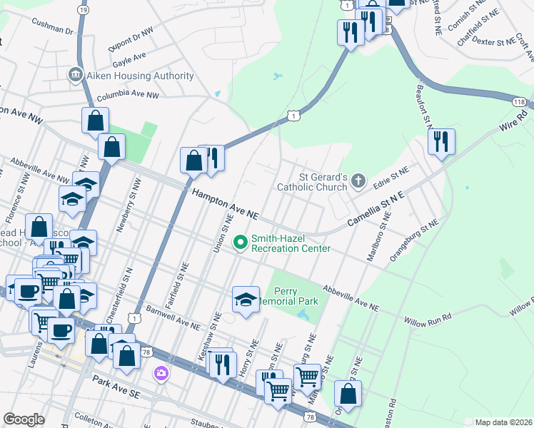 map of restaurants, bars, coffee shops, grocery stores, and more near 512 Hampton Avenue Northeast in Aiken