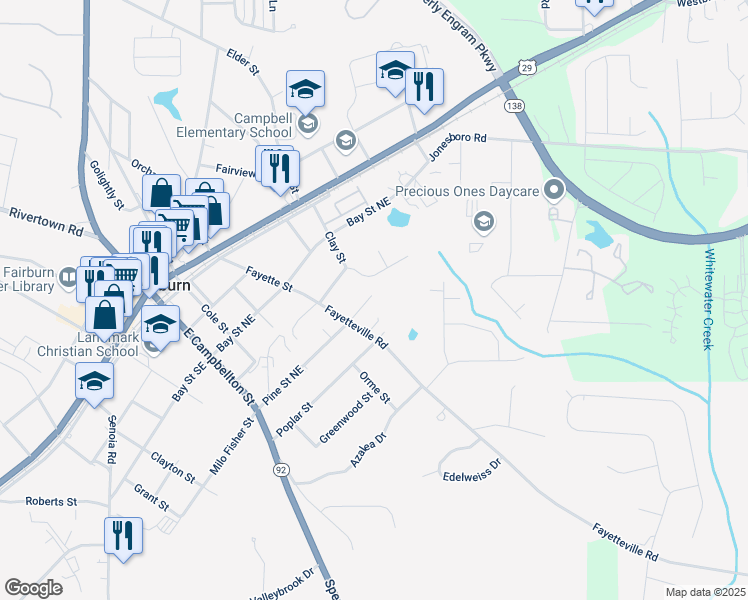 map of restaurants, bars, coffee shops, grocery stores, and more near 191 Pine Street Northeast in Fairburn