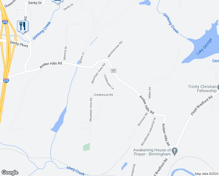 map of restaurants, bars, coffee shops, grocery stores, and more near 2174 Creekview Lane in Birmingham