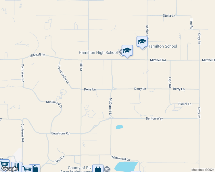 map of restaurants, bars, coffee shops, grocery stores, and more near Derry Lane in Anza