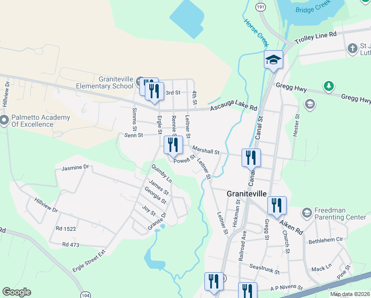 map of restaurants, bars, coffee shops, grocery stores, and more near 665 Turkey Street in Graniteville