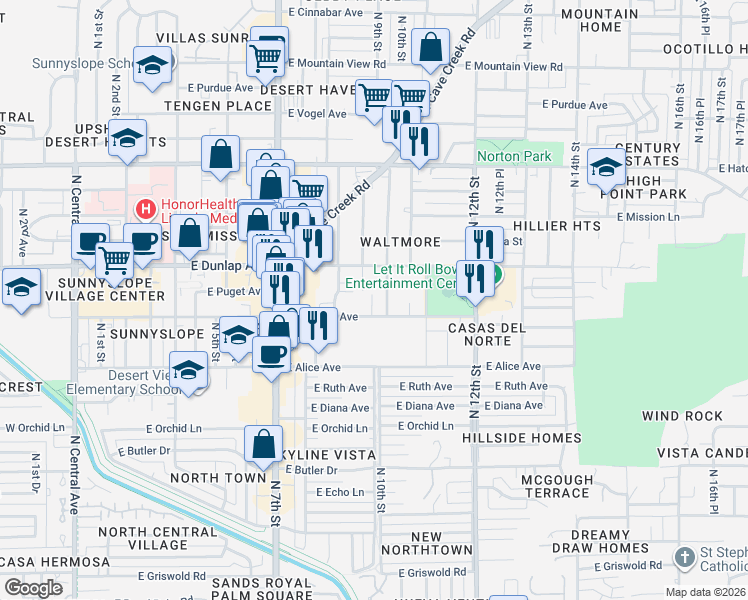 map of restaurants, bars, coffee shops, grocery stores, and more near 8925 North 10th Street in Phoenix