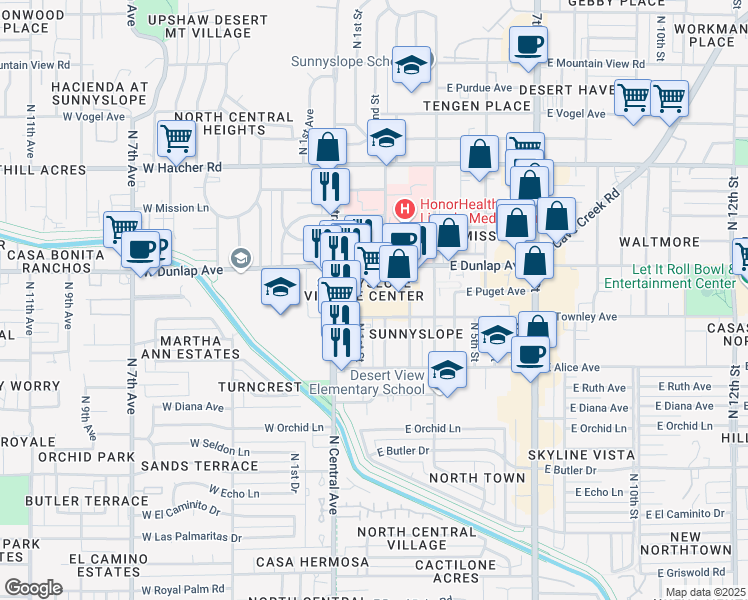 map of restaurants, bars, coffee shops, grocery stores, and more near 8901-8969 North 1st Street in Phoenix
