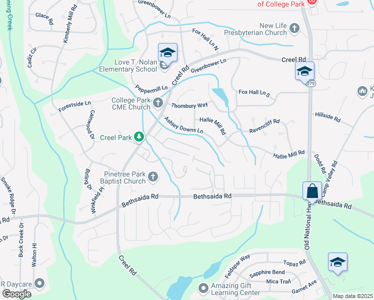 map of restaurants, bars, coffee shops, grocery stores, and more near 3010 Pine Tree Trail in College Park