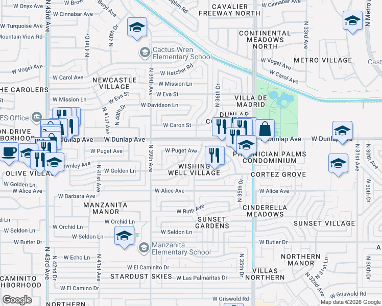 map of restaurants, bars, coffee shops, grocery stores, and more near 3728 West Puget Avenue in Phoenix