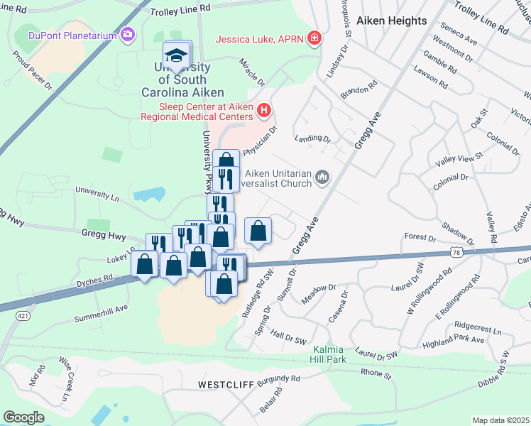 map of restaurants, bars, coffee shops, grocery stores, and more near 116 Governors Lane Northwest in Aiken