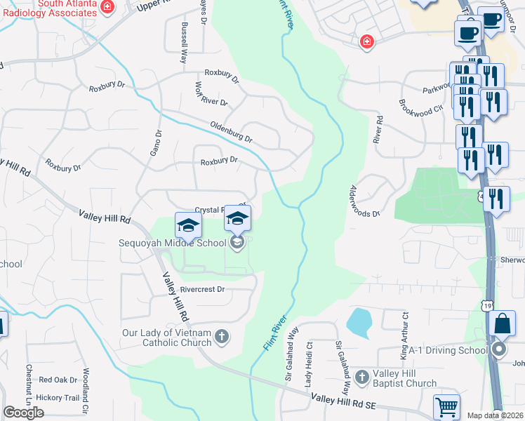 map of restaurants, bars, coffee shops, grocery stores, and more near 101 Crystal River Drive in Riverdale