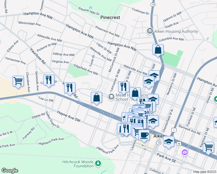 map of restaurants, bars, coffee shops, grocery stores, and more near 140 Kline Street Northwest in Aiken