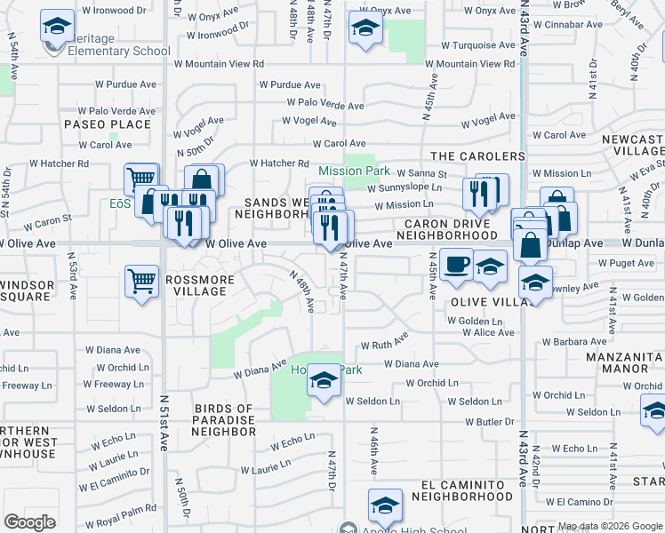map of restaurants, bars, coffee shops, grocery stores, and more near 4725 West Olive Avenue in Glendale