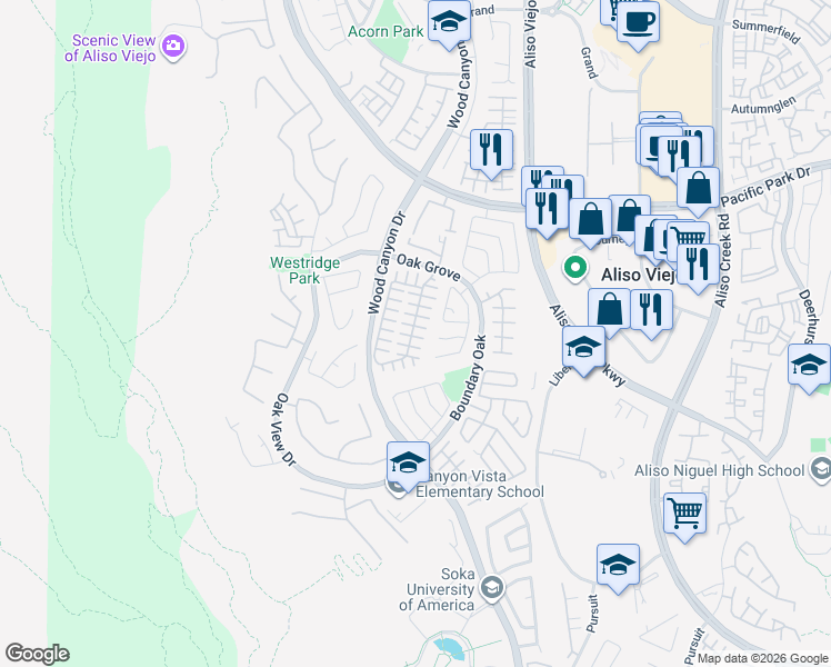 map of restaurants, bars, coffee shops, grocery stores, and more near 9 Sydney Court in Aliso Viejo
