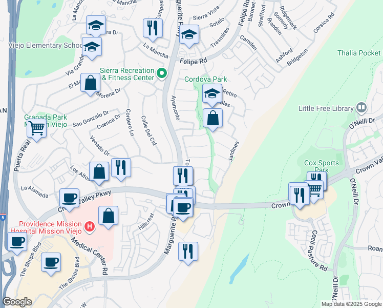 map of restaurants, bars, coffee shops, grocery stores, and more near 27112 Manzano in Mission Viejo