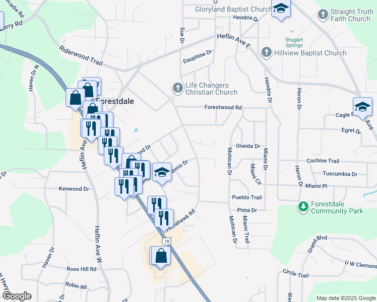map of restaurants, bars, coffee shops, grocery stores, and more near 1475 Chippewa Circle in Birmingham