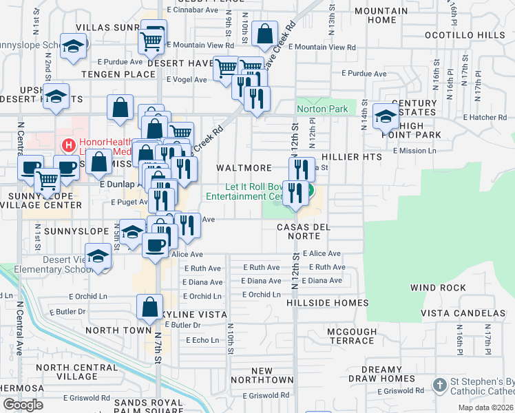 map of restaurants, bars, coffee shops, grocery stores, and more near 8940 North 11th Street in Phoenix
