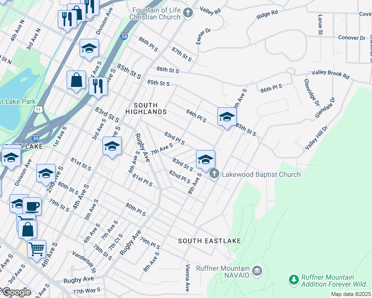 map of restaurants, bars, coffee shops, grocery stores, and more near 8328 7th Court South in Birmingham