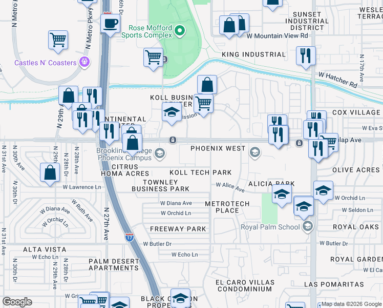 map of restaurants, bars, coffee shops, grocery stores, and more near 2323 West Dunlap Avenue in Phoenix