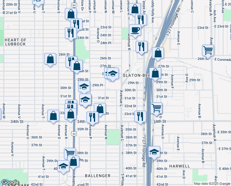 map of restaurants, bars, coffee shops, grocery stores, and more near 1307 30th Street in Lubbock