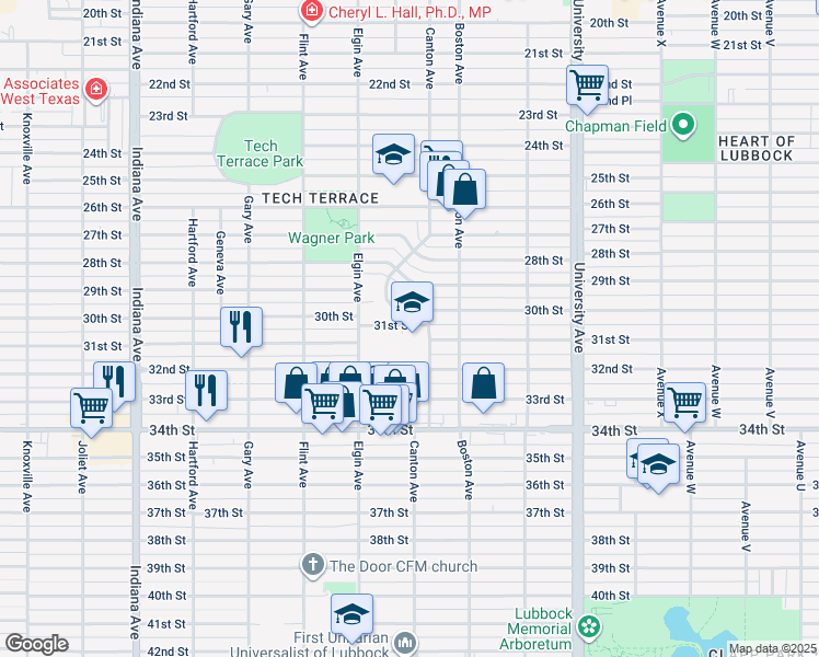 map of restaurants, bars, coffee shops, grocery stores, and more near 3102 Canton Avenue in Lubbock