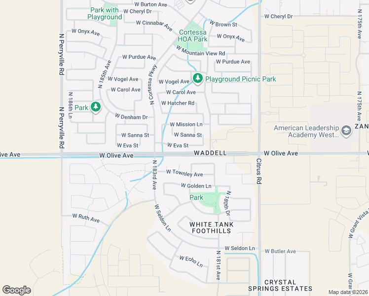map of restaurants, bars, coffee shops, grocery stores, and more near 18166 West Eva Street in Waddell