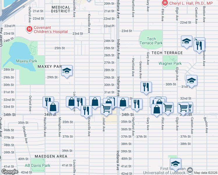 map of restaurants, bars, coffee shops, grocery stores, and more near 3414 30th Street in Lubbock