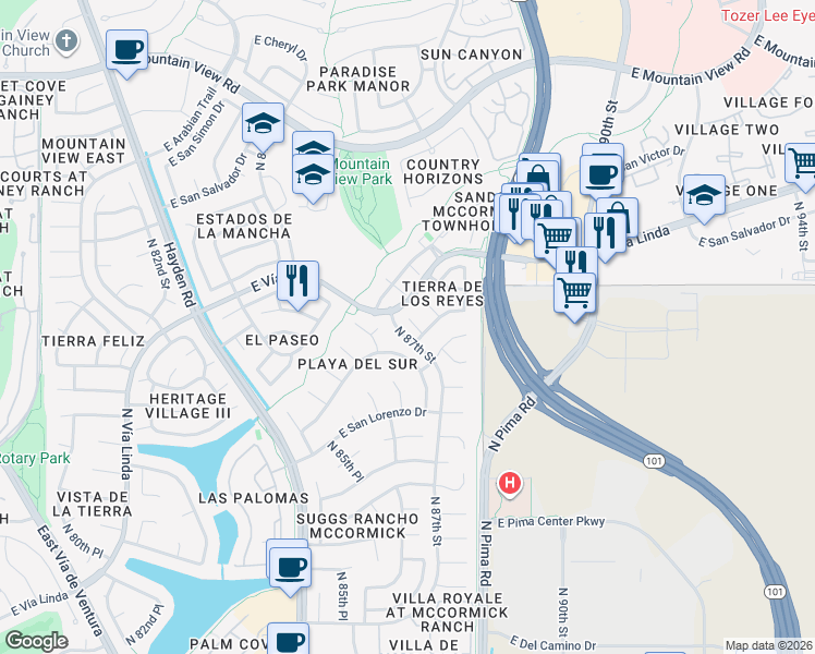 map of restaurants, bars, coffee shops, grocery stores, and more near 8967 North 87th Court in Scottsdale