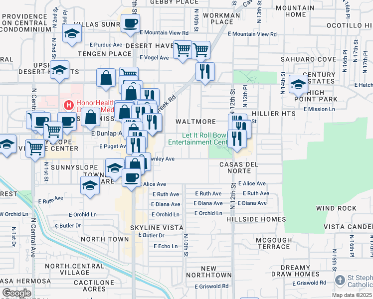 map of restaurants, bars, coffee shops, grocery stores, and more near 8925 North 10th Street in Phoenix