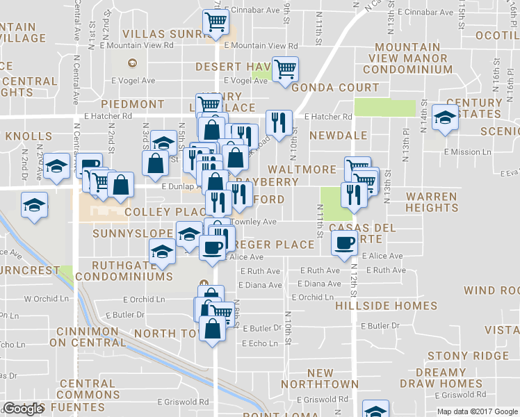 map of restaurants, bars, coffee shops, grocery stores, and more near 8939 North 8th Street in Phoenix