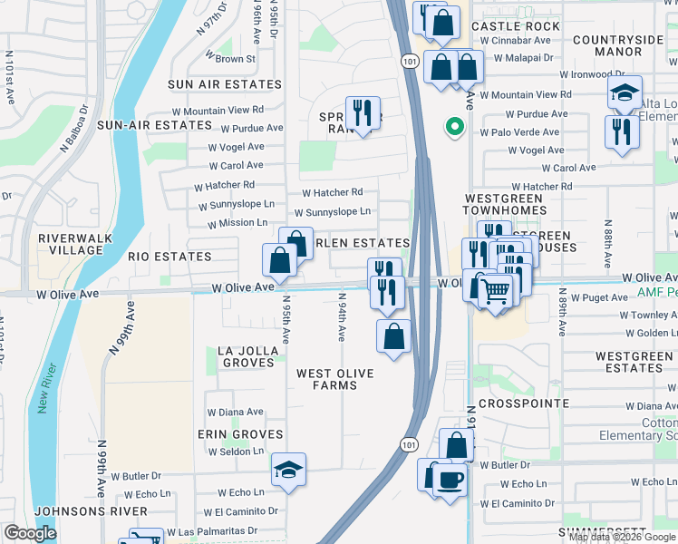 map of restaurants, bars, coffee shops, grocery stores, and more near 9358 West Caron Drive in Peoria
