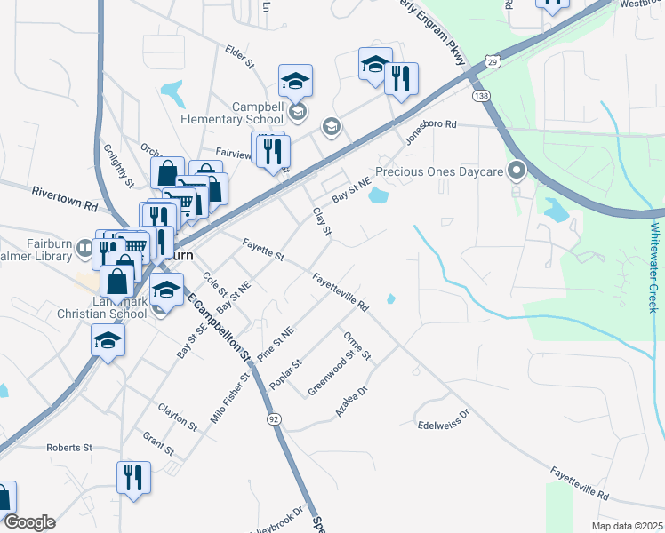 map of restaurants, bars, coffee shops, grocery stores, and more near 191 Clay Street in Fairburn