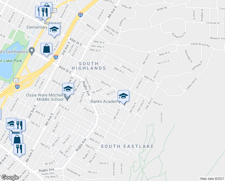 map of restaurants, bars, coffee shops, grocery stores, and more near 713 83rd Place South in Birmingham