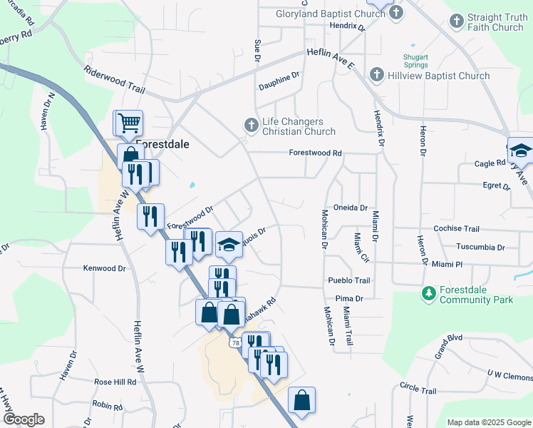 map of restaurants, bars, coffee shops, grocery stores, and more near 1475 Chippewa Circle in Birmingham