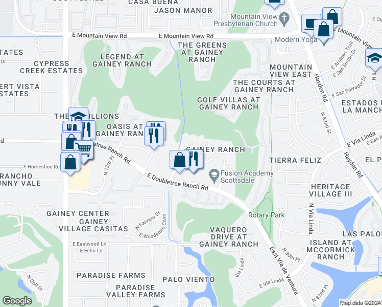 map of restaurants, bars, coffee shops, grocery stores, and more near 8989 North Gainey Center Drive in Scottsdale