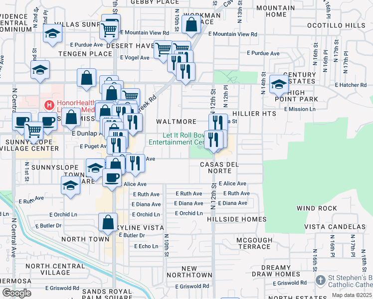 map of restaurants, bars, coffee shops, grocery stores, and more near 8940 North 11th Street in Phoenix