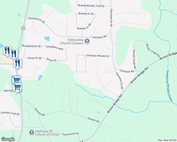 map of restaurants, bars, coffee shops, grocery stores, and more near 360 Christian Woods Drive in Conyers
