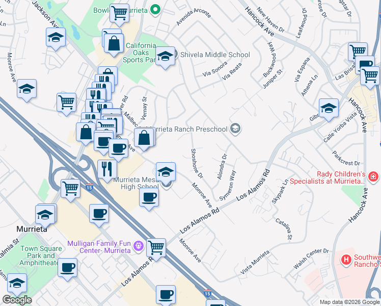 map of restaurants, bars, coffee shops, grocery stores, and more near 24809 Shoshone Drive in Murrieta