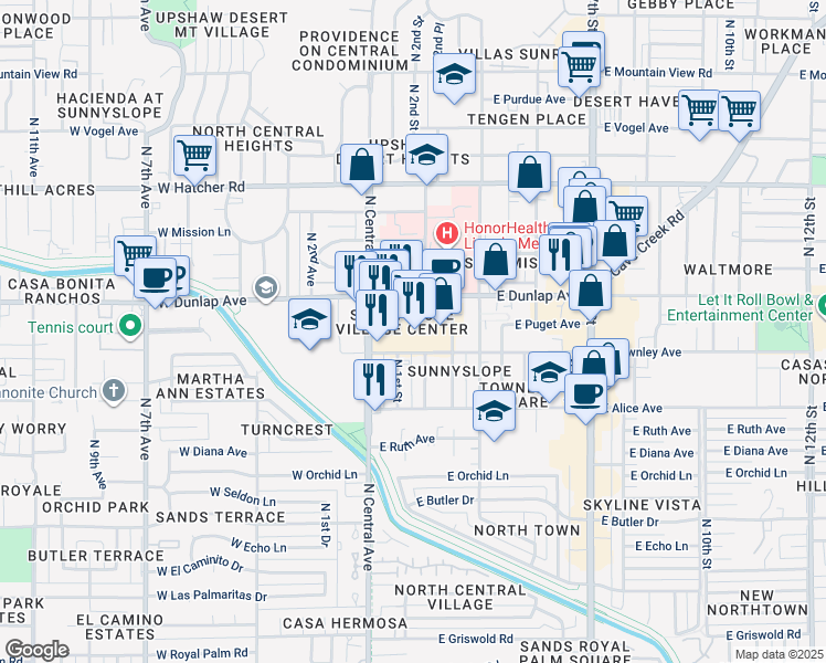 map of restaurants, bars, coffee shops, grocery stores, and more near 8901-8969 North 1st Street in Phoenix