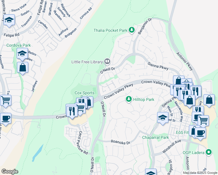 map of restaurants, bars, coffee shops, grocery stores, and more near Amesbury Court in Ladera Ranch
