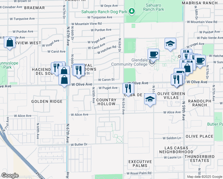 map of restaurants, bars, coffee shops, grocery stores, and more near 6362 West Puget Avenue in Glendale
