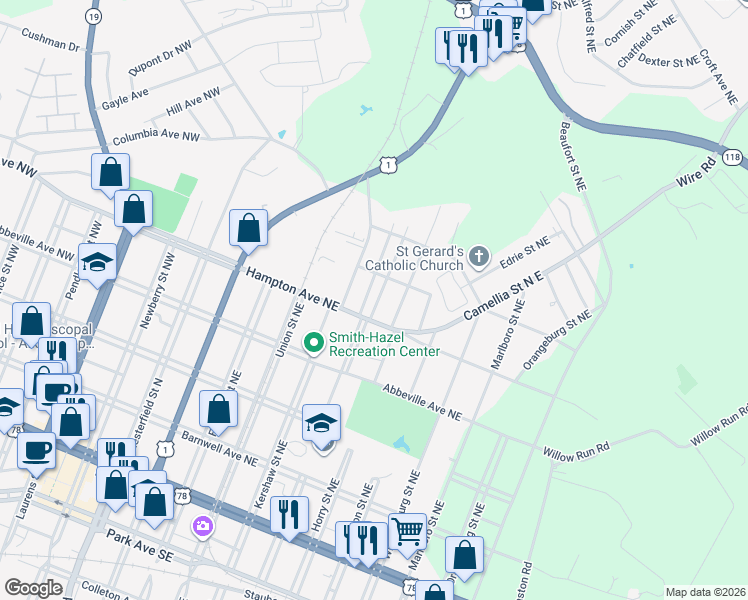 map of restaurants, bars, coffee shops, grocery stores, and more near 542 Sumter Street Northeast in Aiken