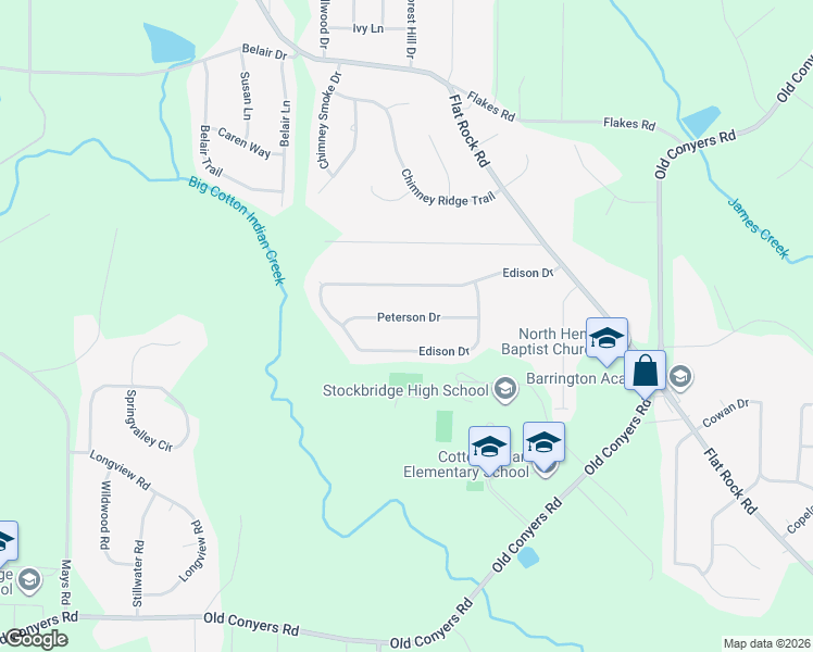 map of restaurants, bars, coffee shops, grocery stores, and more near 429 Peterson Drive in Stockbridge