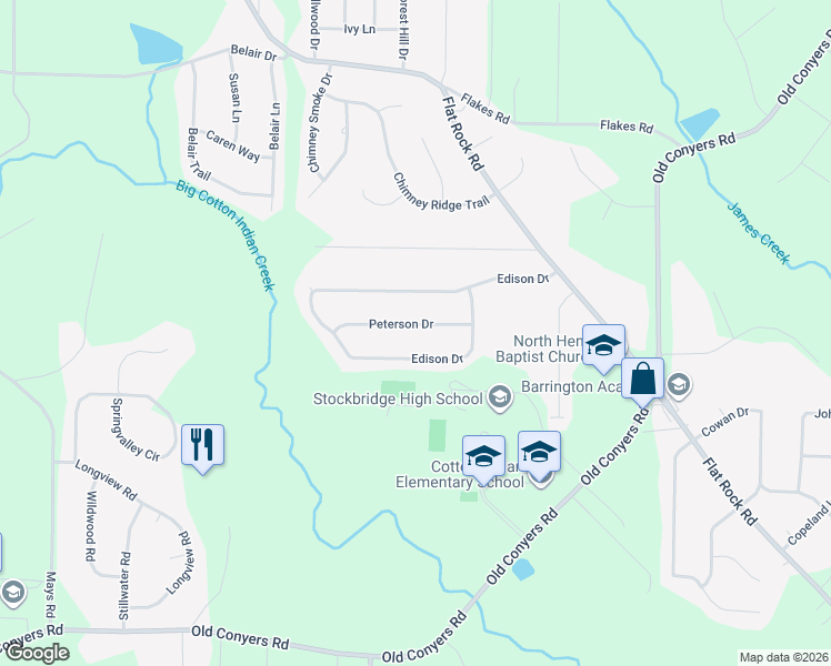 map of restaurants, bars, coffee shops, grocery stores, and more near 421 Peterson Drive in Stockbridge