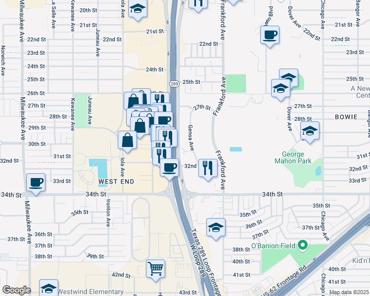 map of restaurants, bars, coffee shops, grocery stores, and more near 2704 Genoa Avenue in Lubbock