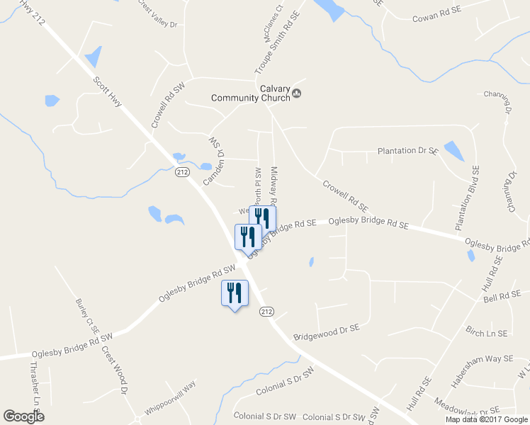 map of restaurants, bars, coffee shops, grocery stores, and more near 4544 Wentworth Place Southwest in Conyers