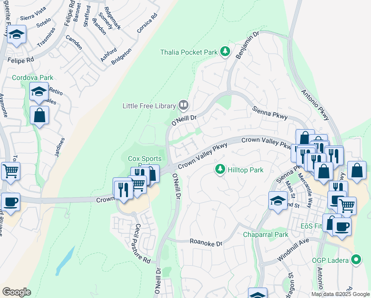 map of restaurants, bars, coffee shops, grocery stores, and more near 5 Amesbury Court in Ladera Ranch