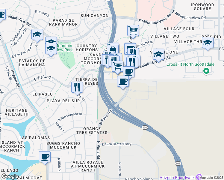 map of restaurants, bars, coffee shops, grocery stores, and more near 8889 East Vía Linda in Scottsdale