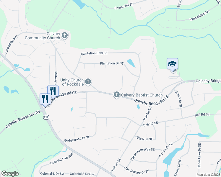 map of restaurants, bars, coffee shops, grocery stores, and more near 276 Oglesby Bridge Road Southeast in Conyers