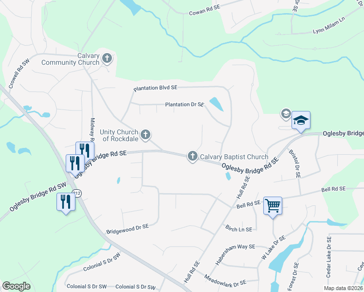 map of restaurants, bars, coffee shops, grocery stores, and more near 276 Oglesby Bridge Road Southeast in Conyers