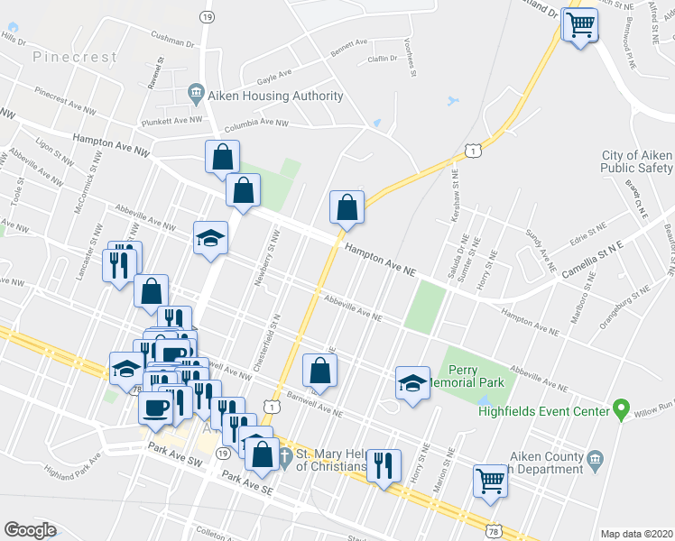 map of restaurants, bars, coffee shops, grocery stores, and more near 428 York Street Northeast in Aiken